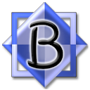 A two-blue-tone-harlequin square, rotated 45 degrees from horizontal, then intertwingled with a checkerboard style frame. An informal spindly black capital letter 'b' is overlayed, with a white blurred glow around the edges.