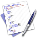 An icon showing a blue pen hovering over a document containing text formatted to look a bit like programming code.
